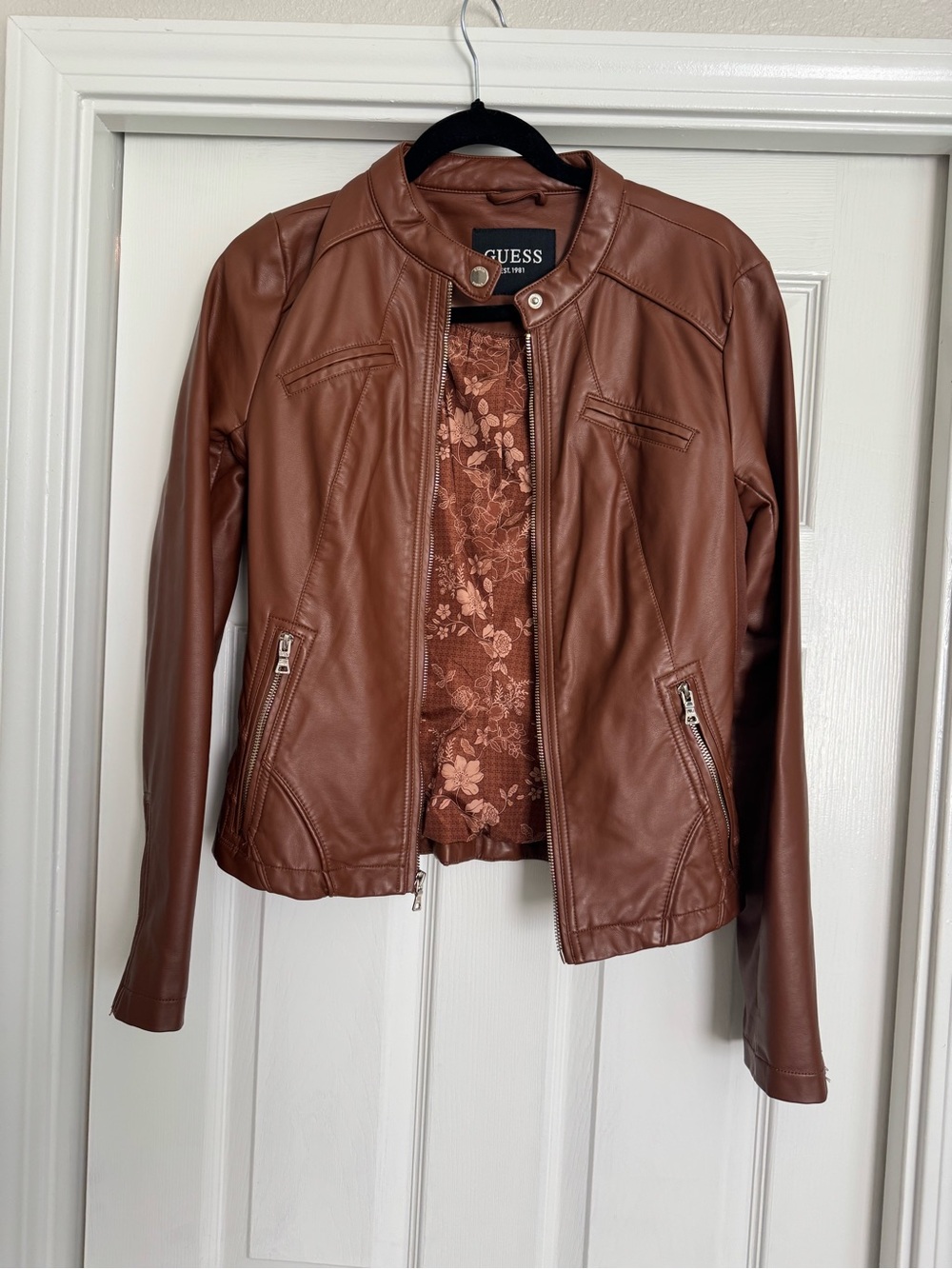 GUESS Women's Brown Faux Leather Zip-Front Jacket